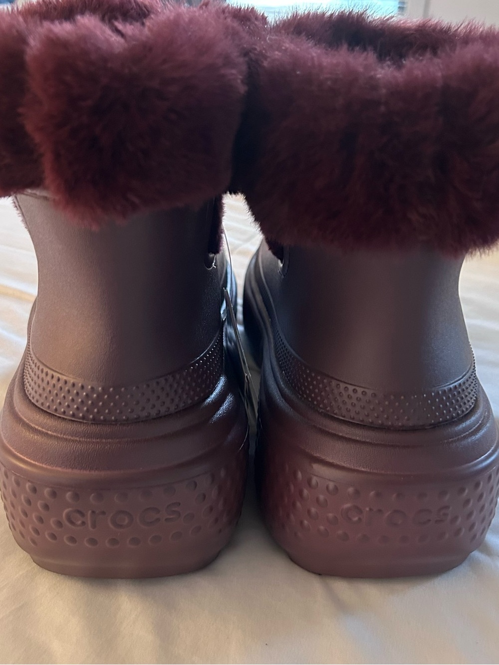 CROCS Women's Faux-Fur Cuffed Booties in Burgundy - Picture 3 of 7